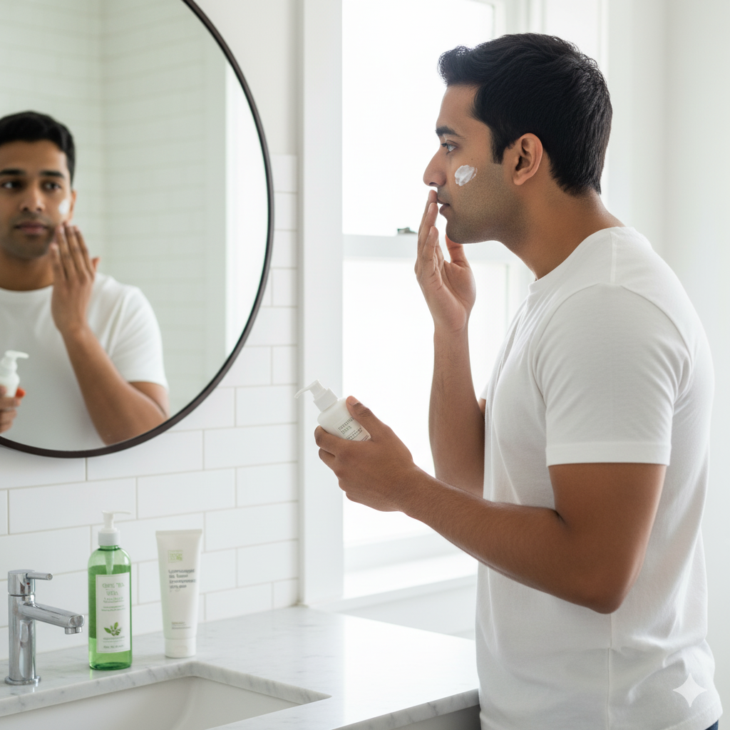 A man applying moisturizer as part of his daily skincare routine